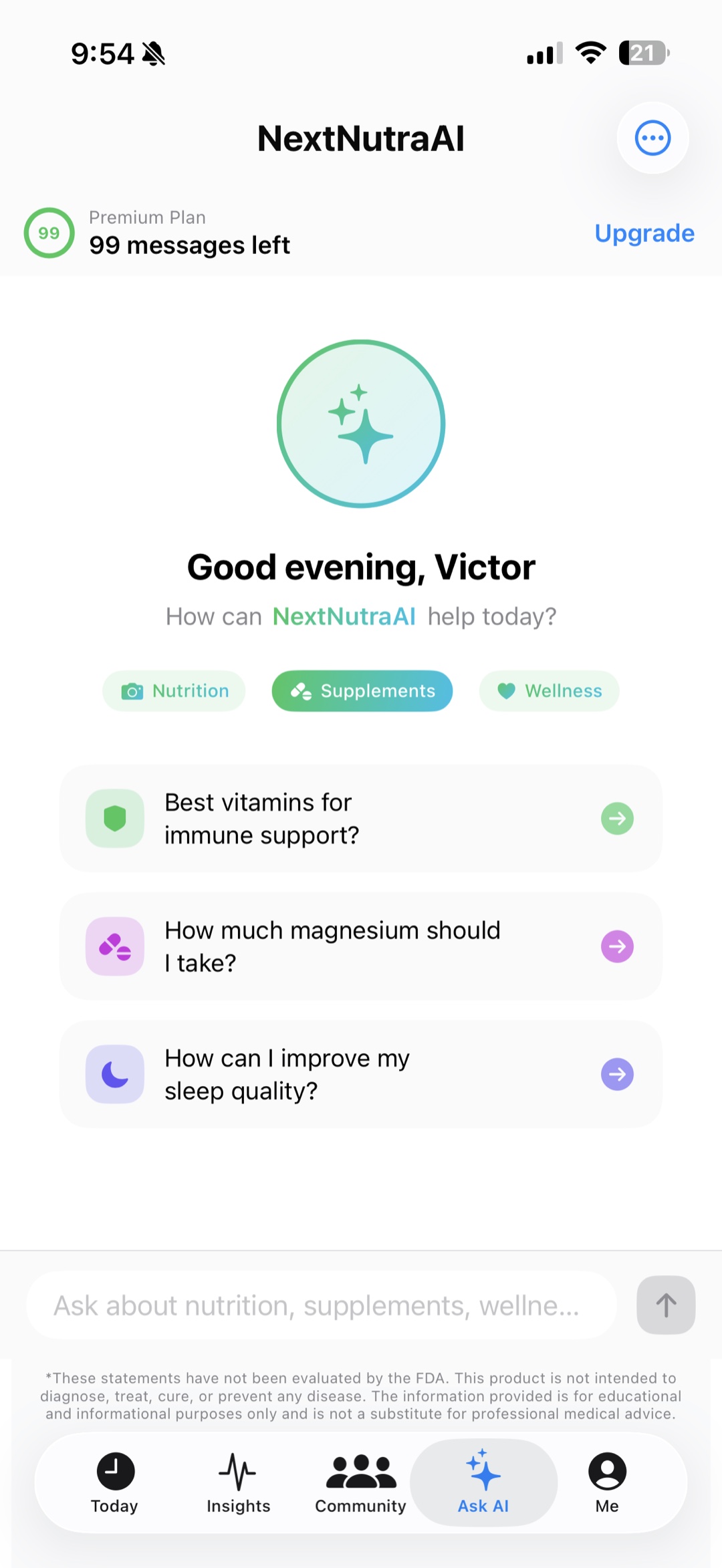 NextNutraAI chat screen with nutrition, supplement, and wellness prompts