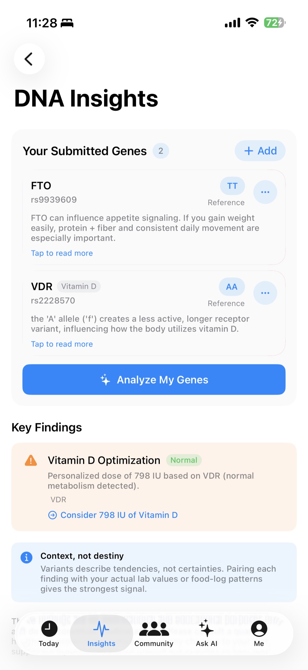 DNA Insights screen showing submitted FTO and VDR gene variants with personalized findings