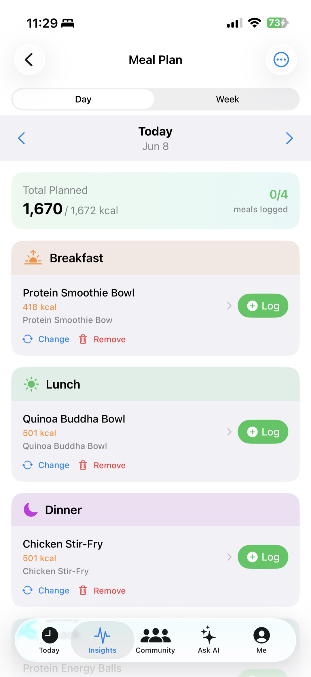 Meal Plan screen showing planned breakfast, lunch, and dinner with calories and one-tap logging