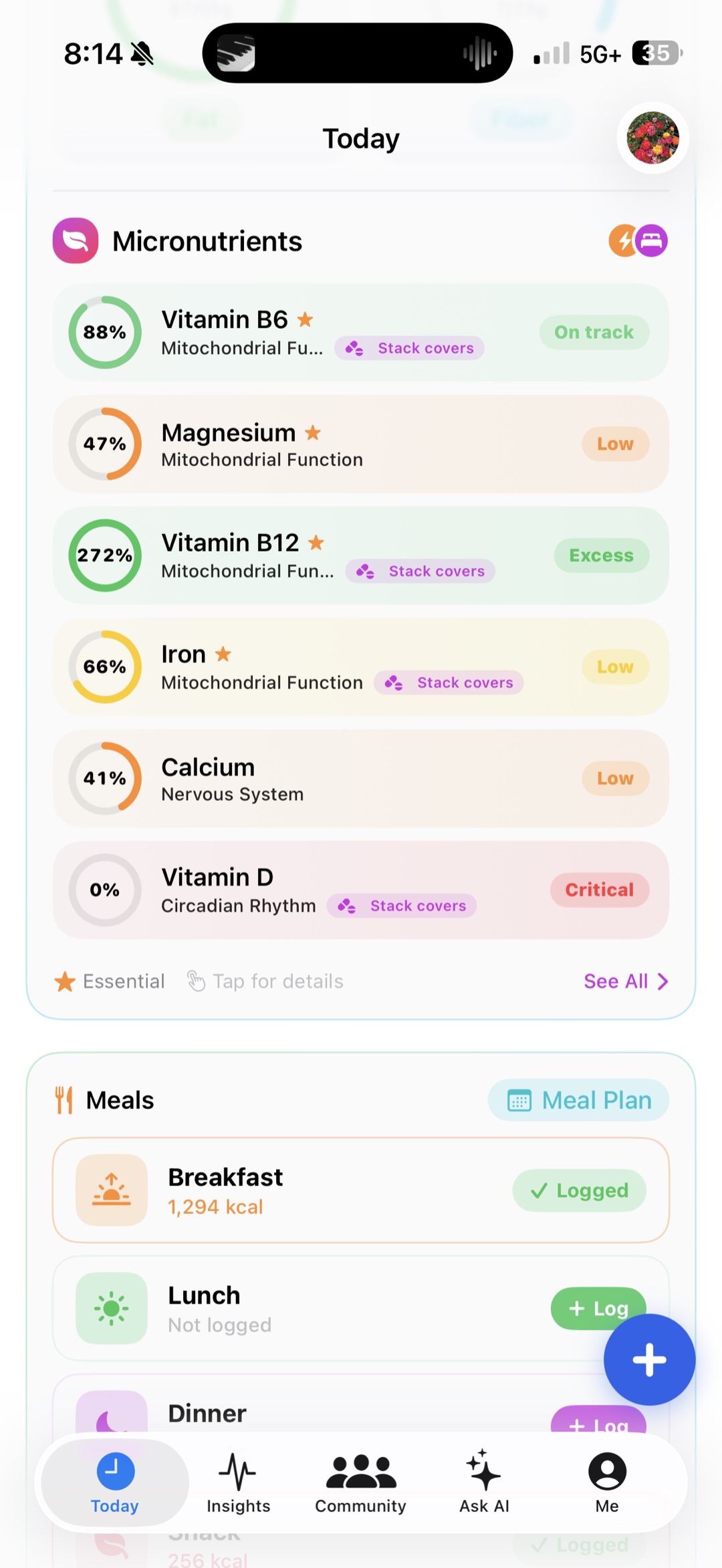 Micronutrients screen showing vitamin and mineral coverage with on-track, low, and critical status
