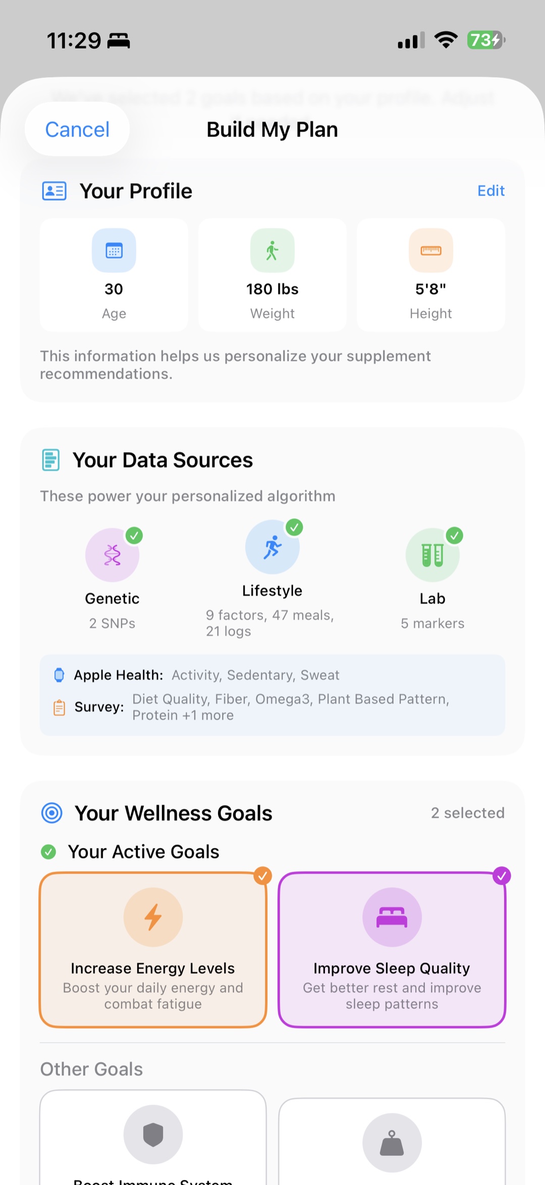 Stack Builder screen showing profile, data sources, and active wellness goals