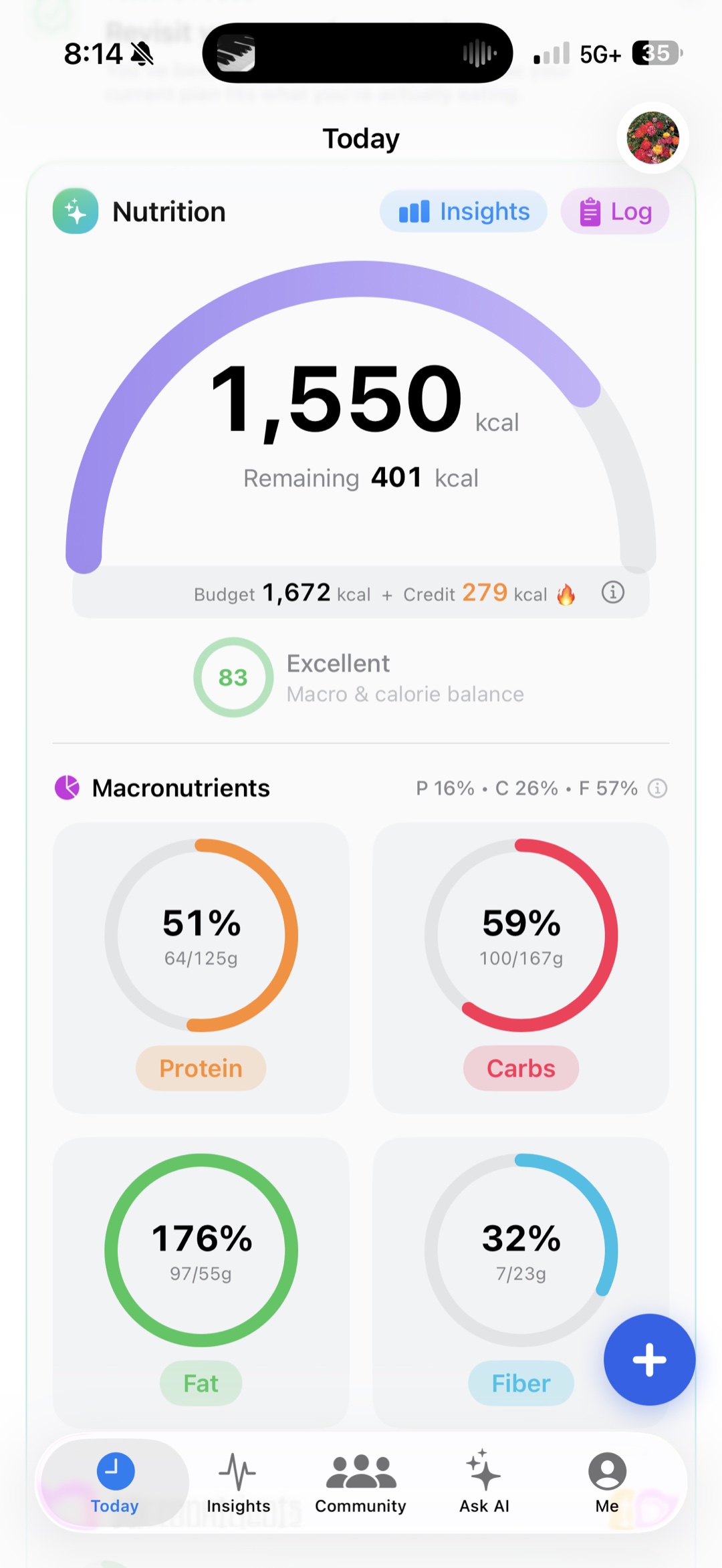 NutraIQ Today view showing daily calories, macro rings, and a wellness score